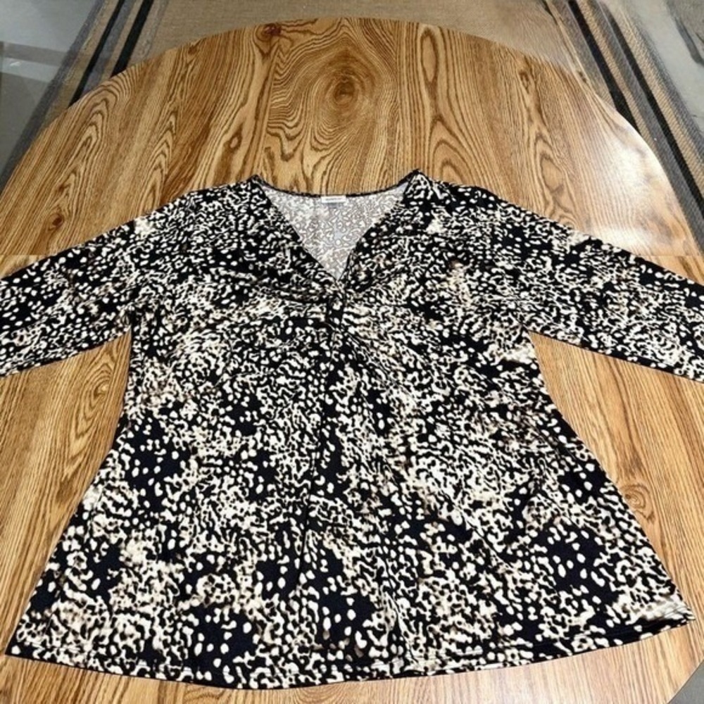 Avenue Women Plus 18/20 Animal Print Brown Cream Twist V Neck 3/4 Sleeve Tunic - Picture 8 of 11